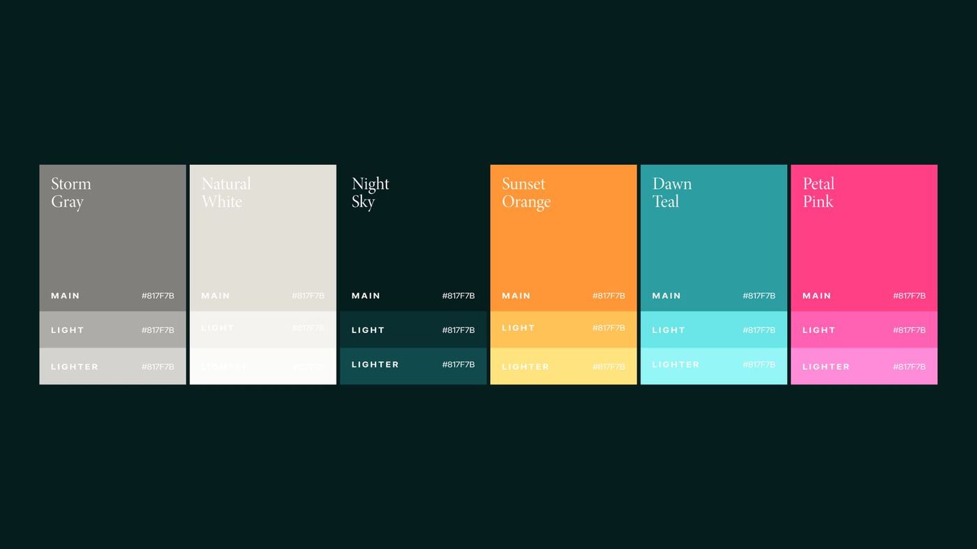 Digitalis colour palette — Storm Gray, Natural White, Night Sky, Sunset Orange, Dawn Teal, Petal Pink