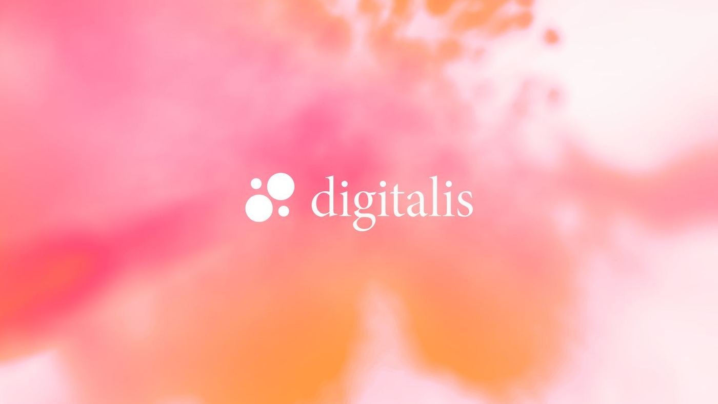 Digitalis logo over a blurred orchid in pink and orange
