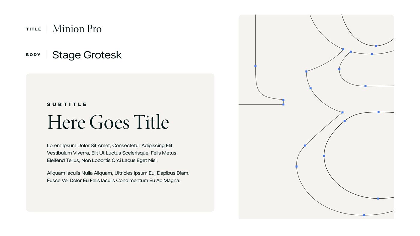 Type specimen — Minion Pro for titles, Stage Grotesk for body, with a letterform outline