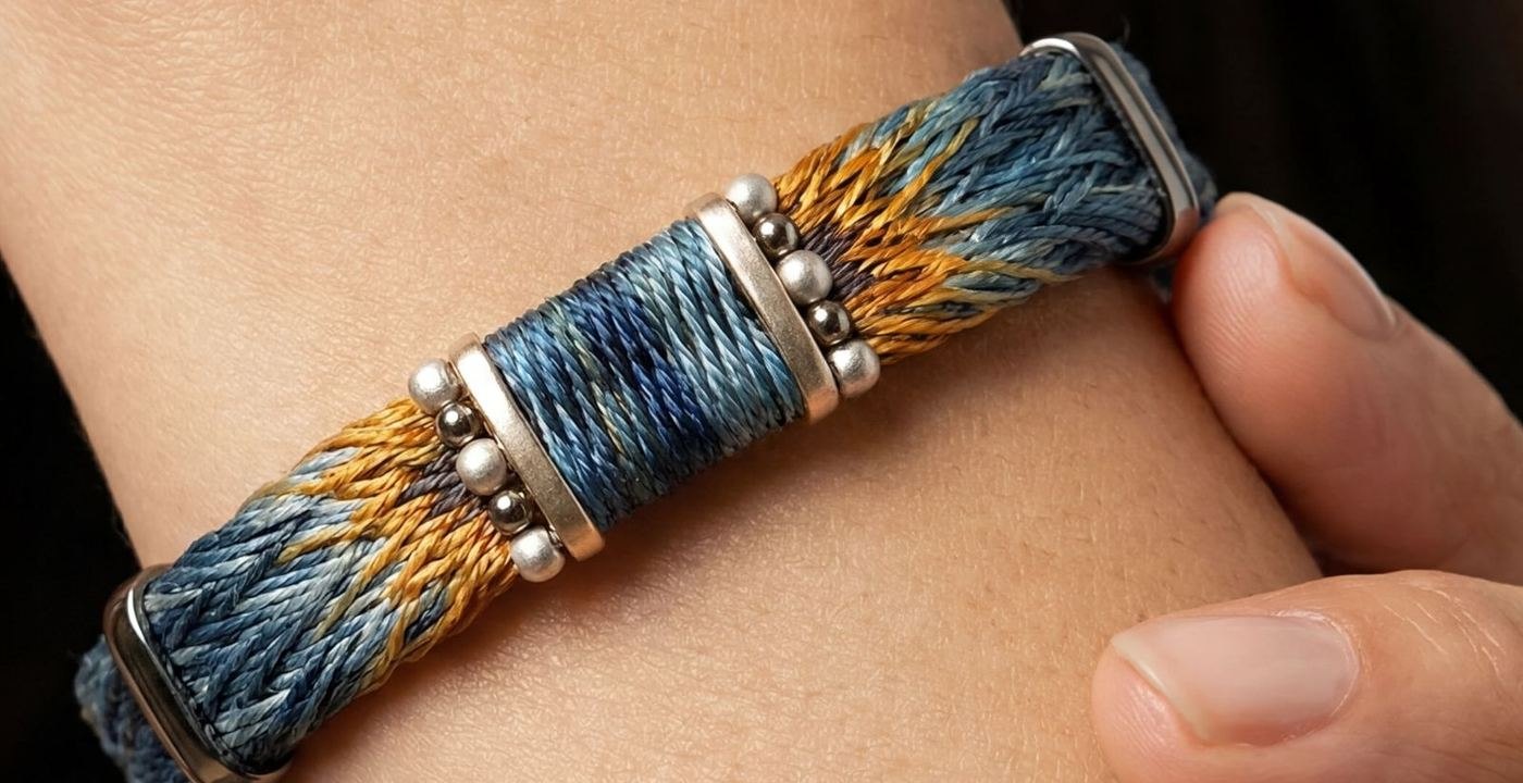 A hand-woven EyeMatch bracelet in blue and amber thread with silver beads, worn on the wrist