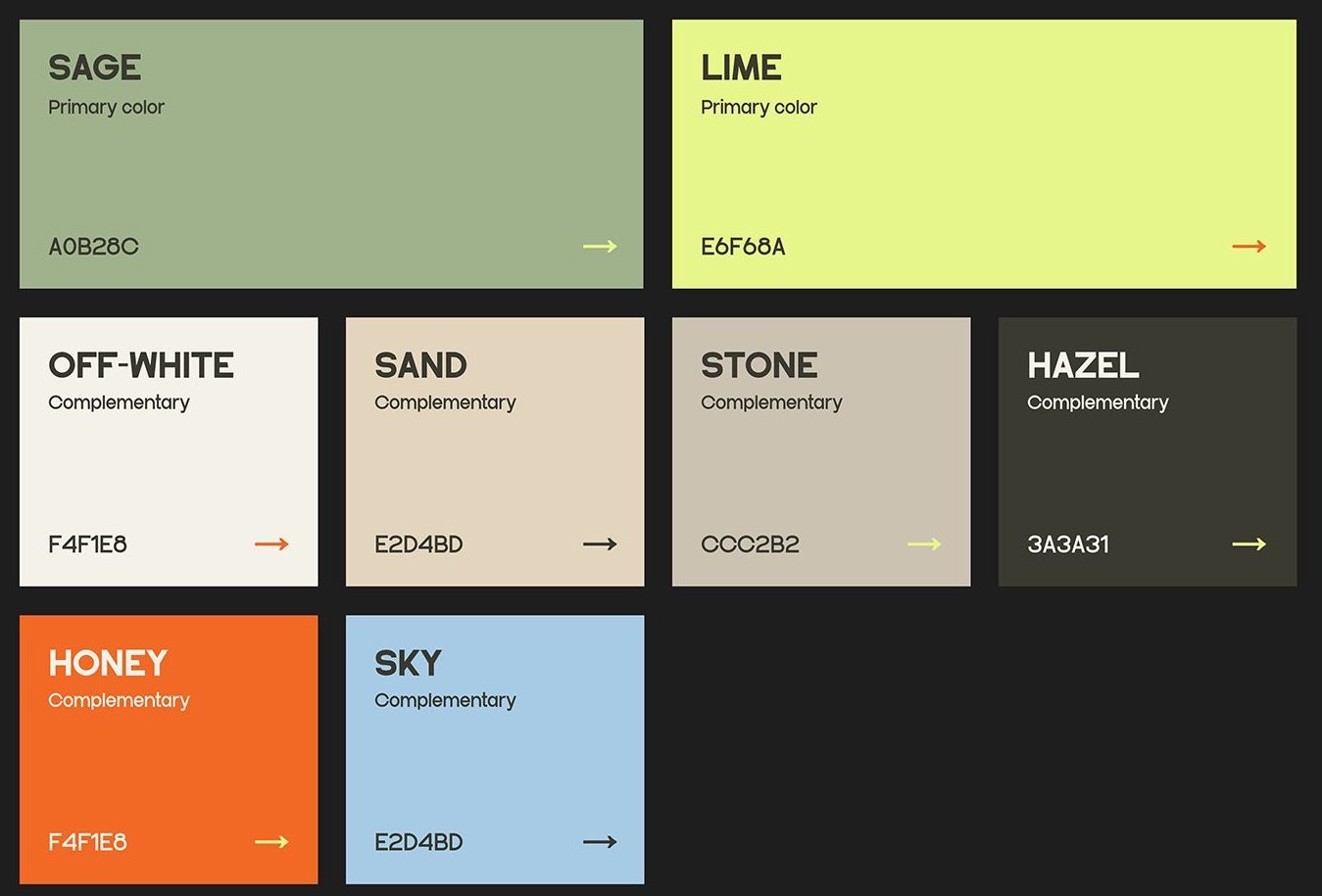 EyeMatch palette — Sage and Lime primaries with Off-white, Sand, Stone, Hazel, Honey and Sky