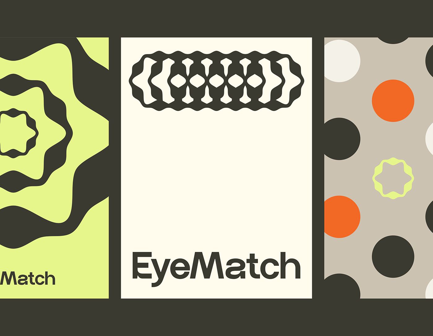 EyeMatch graphic system — symbol pattern, logotype and dotted motif in sage, olive and orange