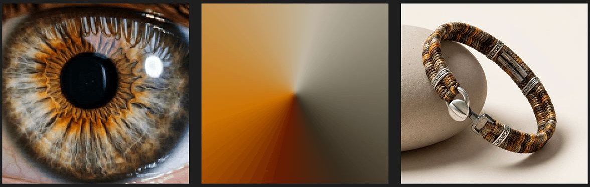 An amber iris, its extracted colour gradient and the matching woven bracelet