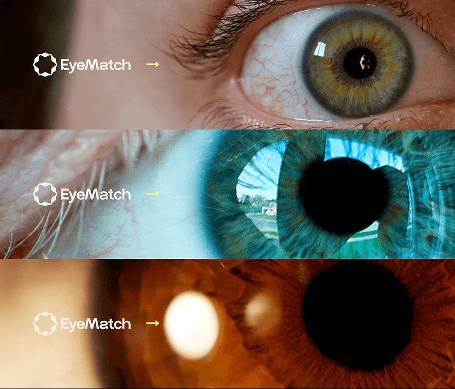 Three iris close-ups, green, blue and amber, each tagged with the EyeMatch logo