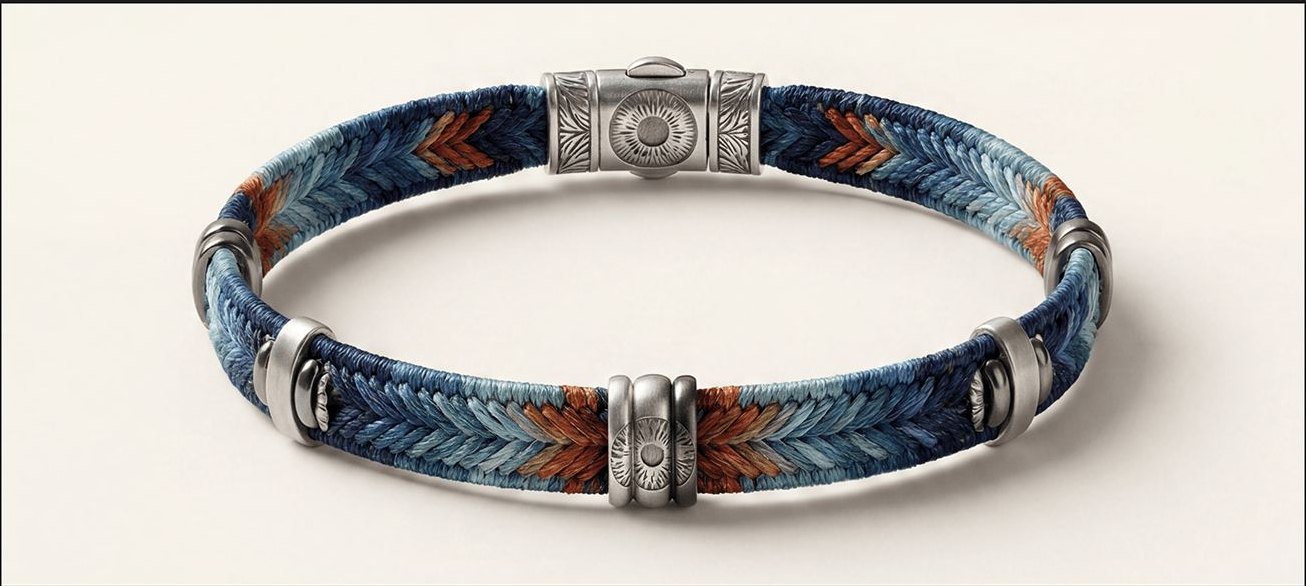 A blue and rust woven EyeMatch bracelet with silver fittings