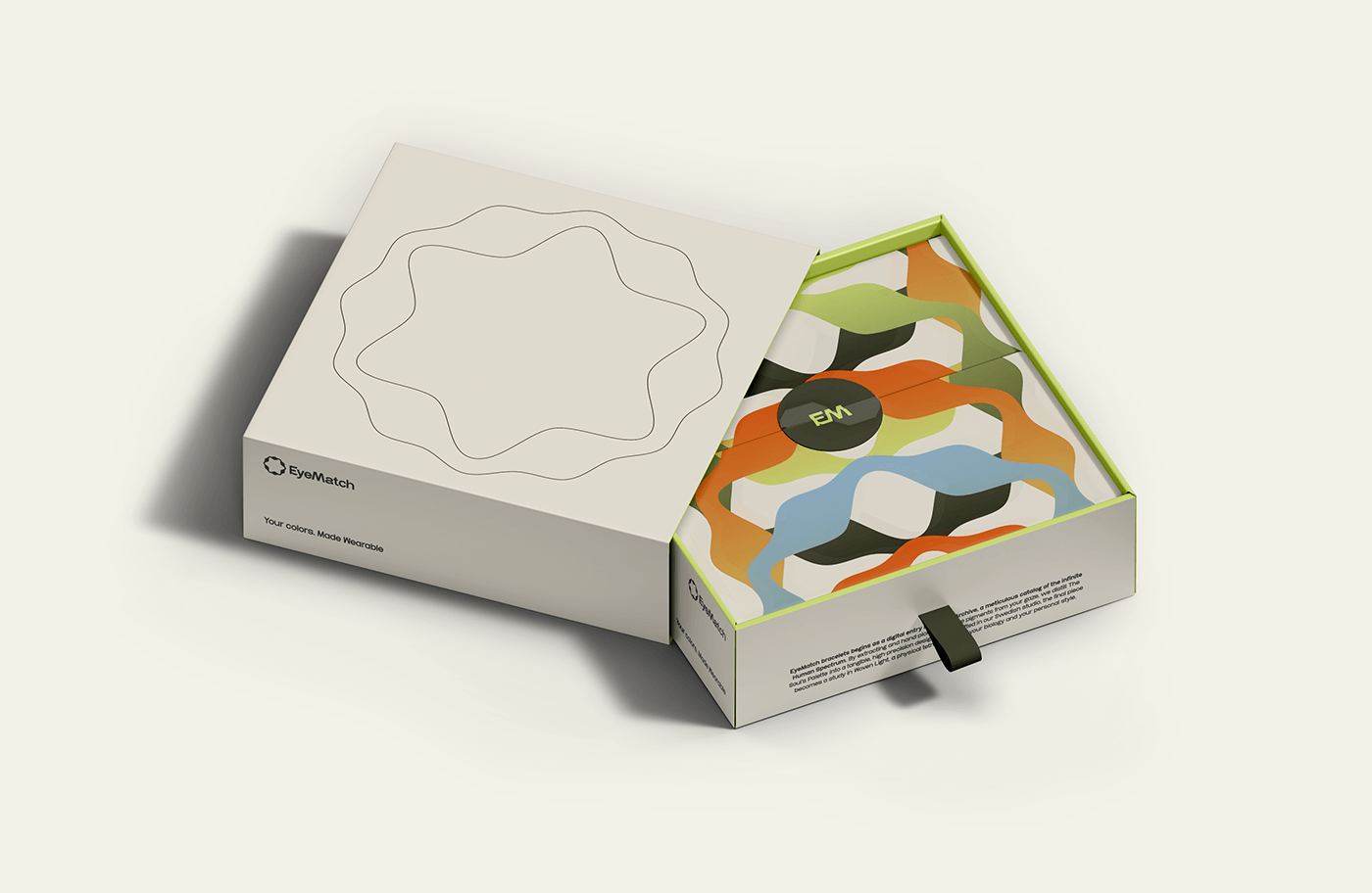 EyeMatch gift box opened on the woven colour pattern