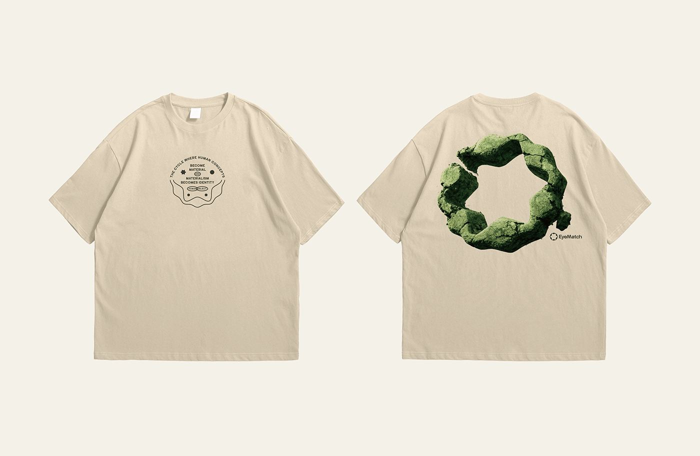 Two beige EyeMatch tees with symbol prints