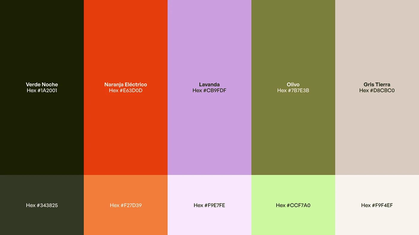 Flores Eléctricas colour palette — Verde Noche, Naranja Eléctrico, Lavanda, Olivo, Gris Tierra