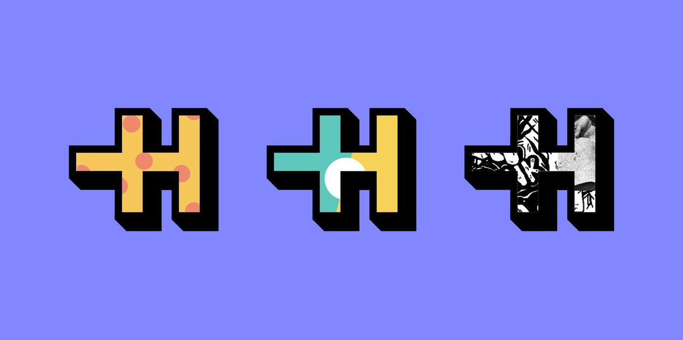 Three versions of the Hel'arte H monogram on periwinkle