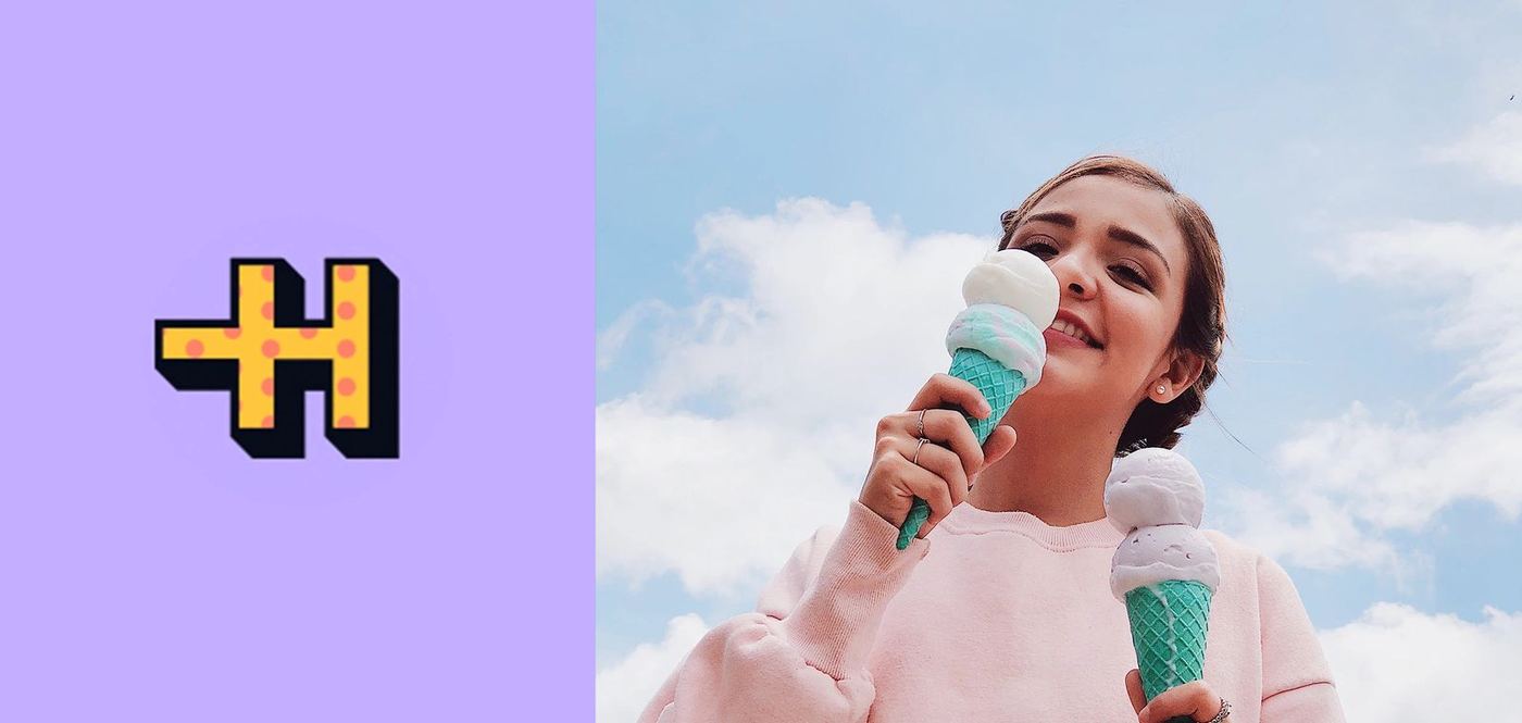 Hel'arte monogram on lilac beside a woman holding two ice-cream cones