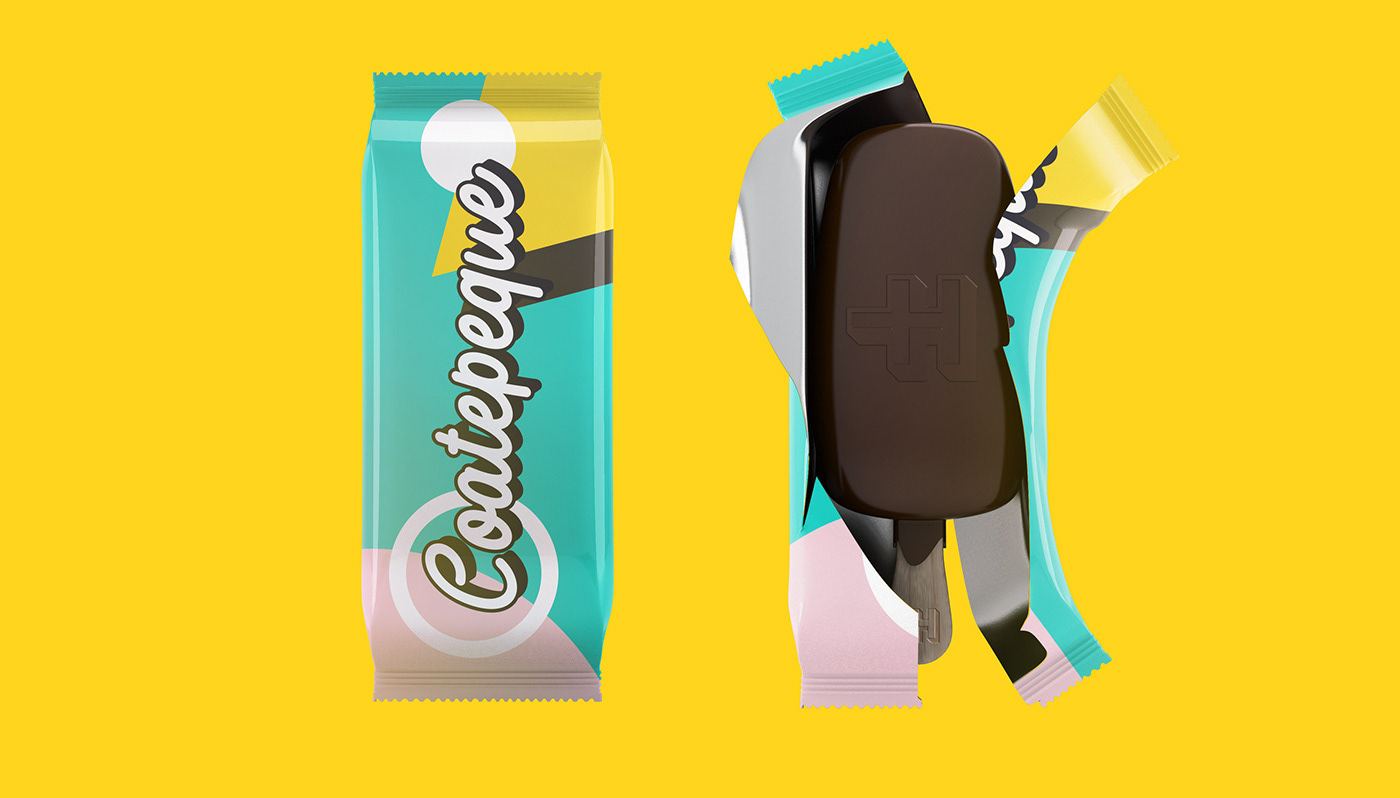 Coatepeque ice-cream bar wrapper, closed and opened, on yellow