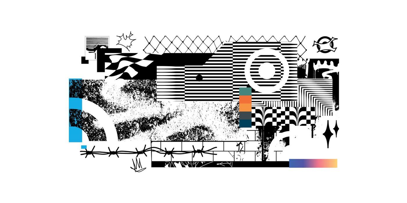 Kapone graphic collage of stripes, halftone, chain-link and spray texture