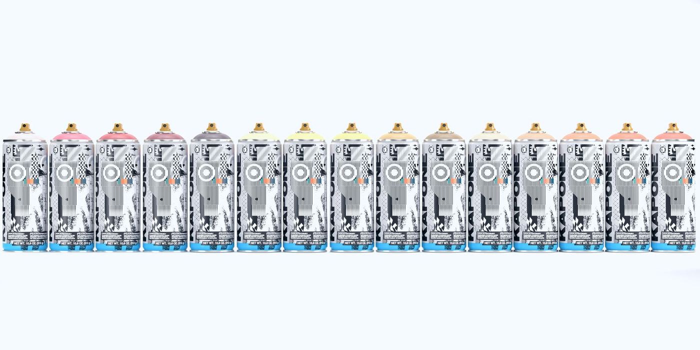 A row of Kapone aerosol cans with different coloured caps