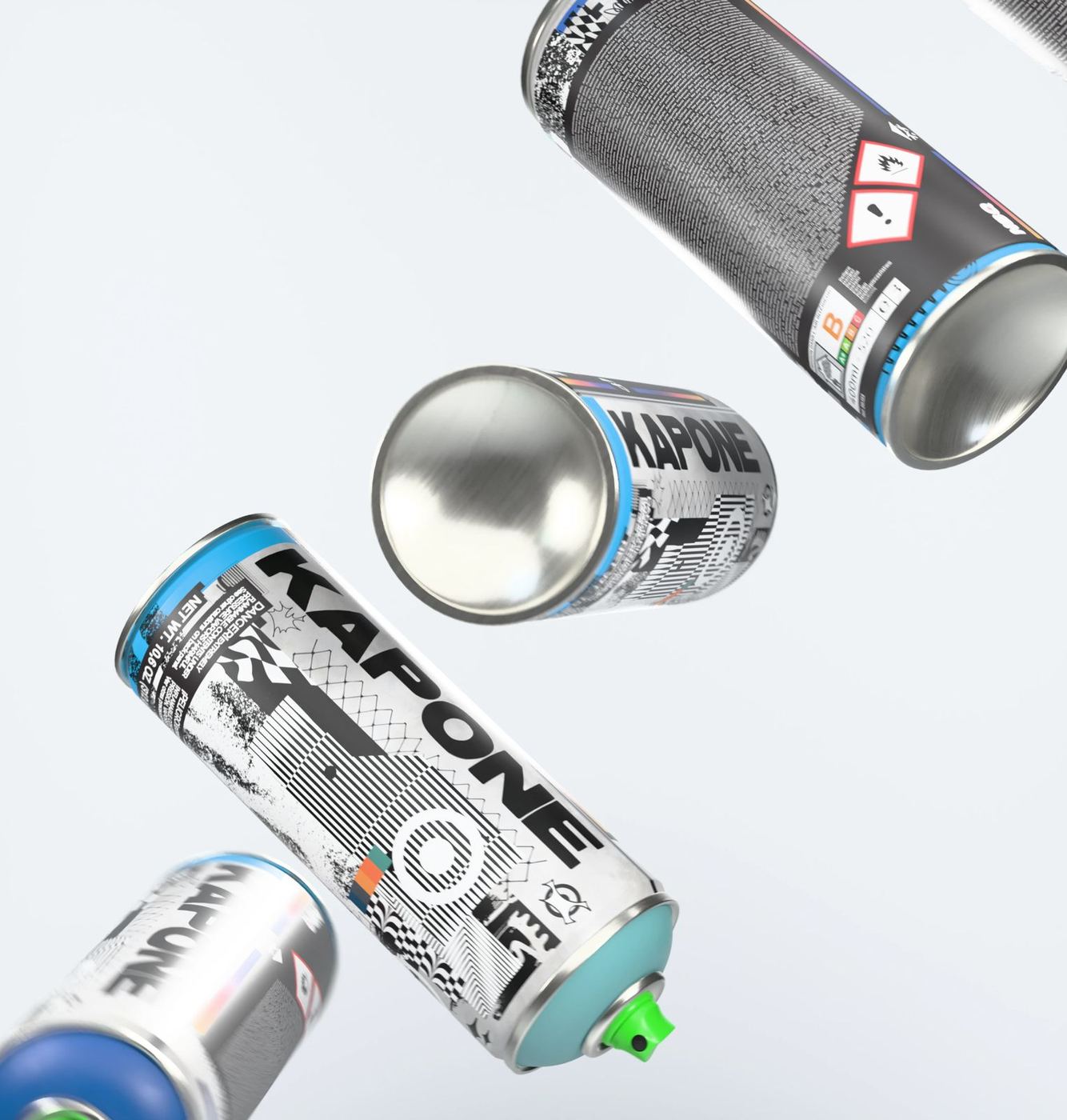 Kapone aerosol cans floating at different angles