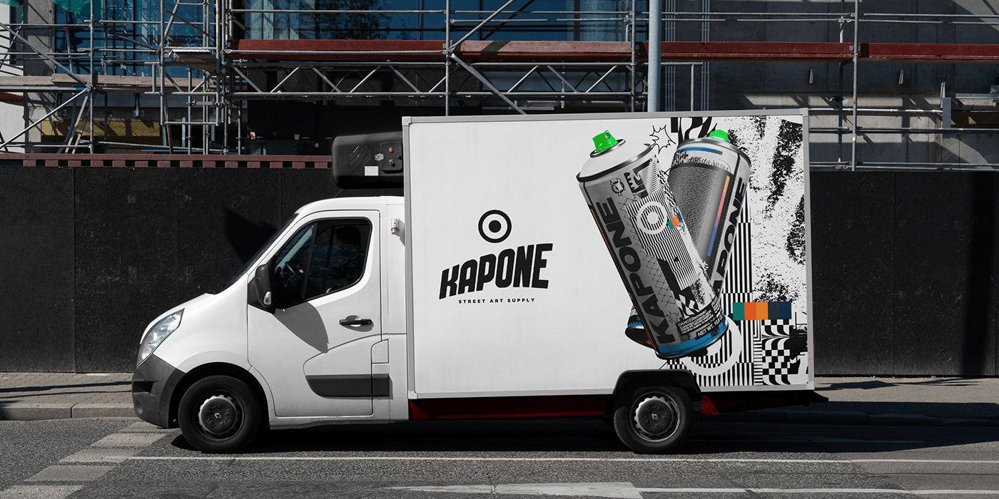 A delivery truck wrapped in the Kapone can graphics