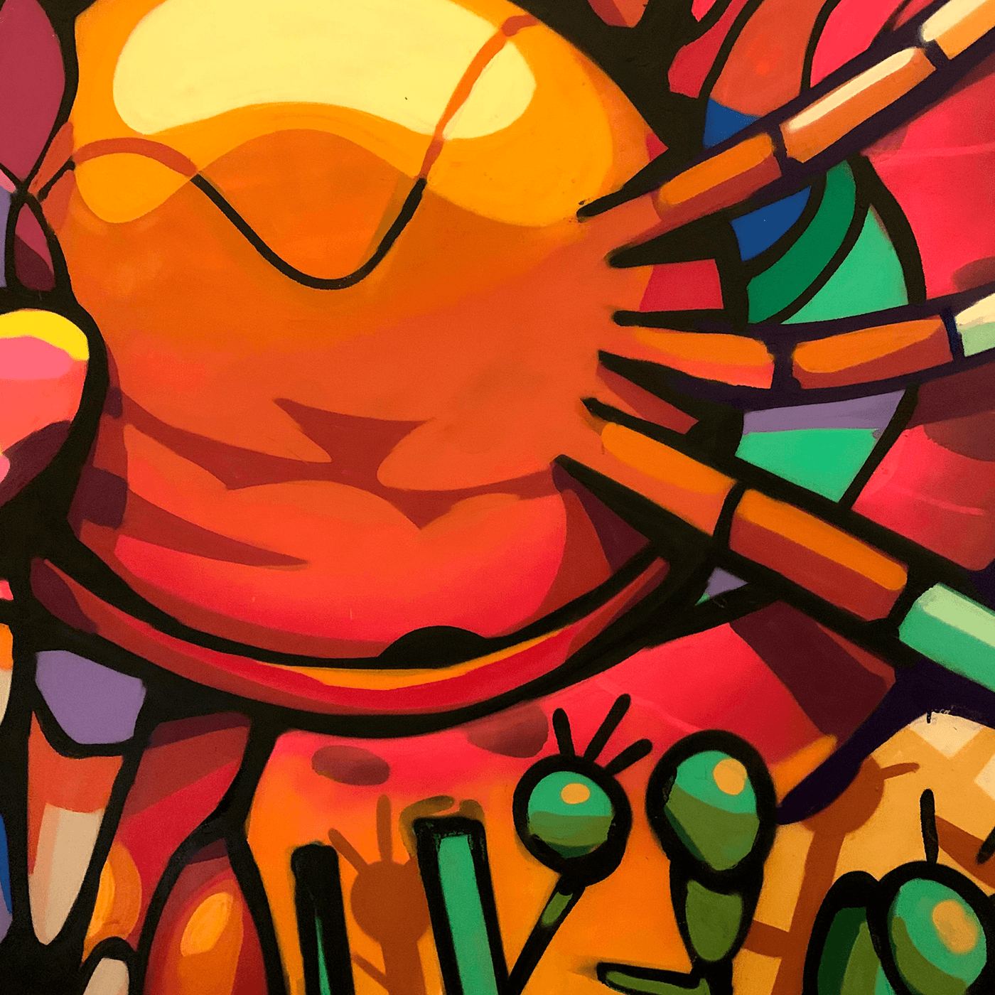 Close-up of a colourful graffiti character