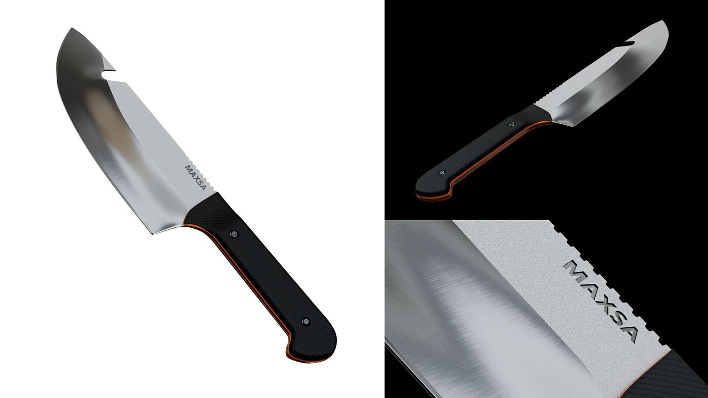 MAXSA blade render on white and a close-up of the etched logo on the spine