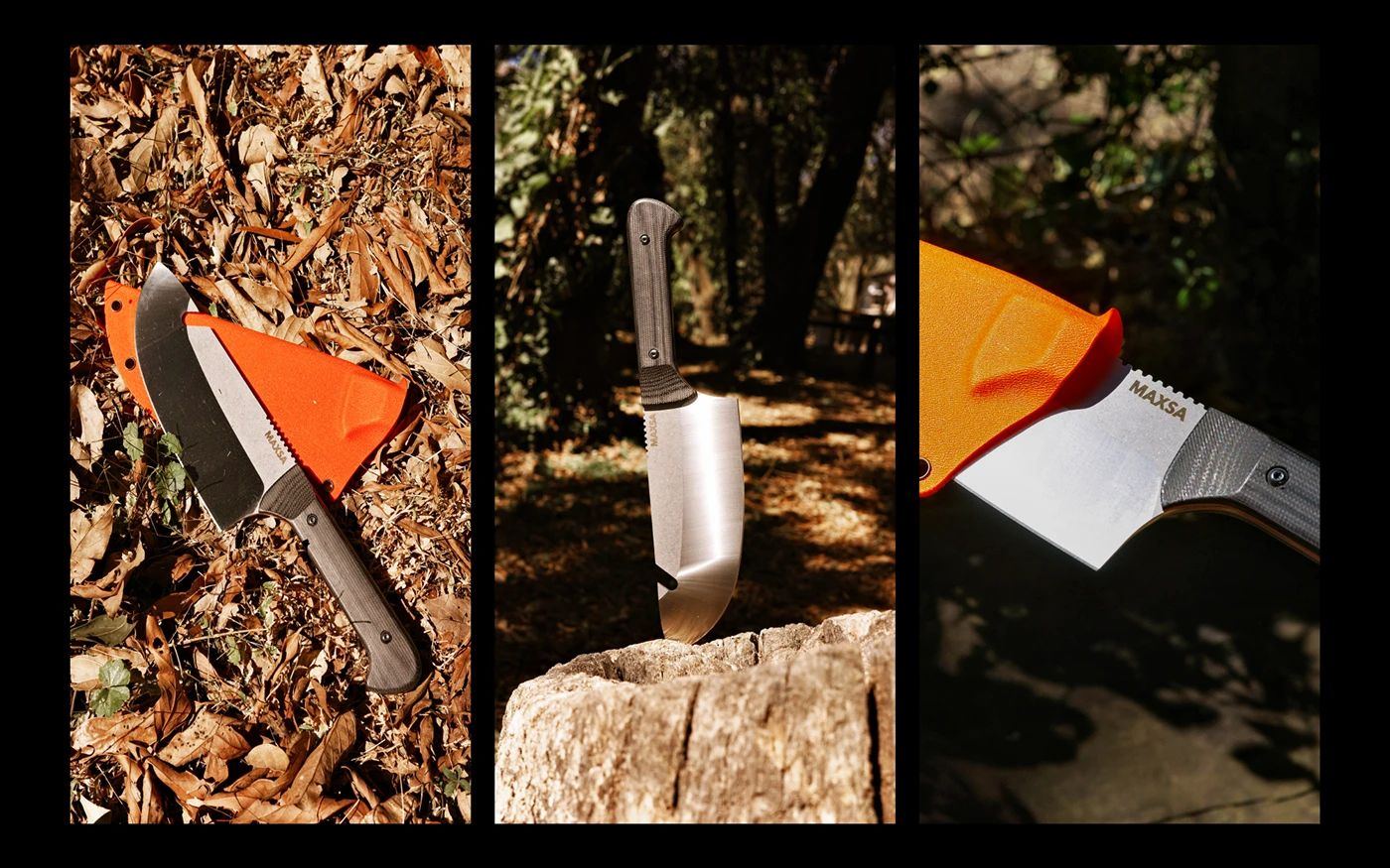 Three vertical frames of the MAXSA blade and its orange sheath outdoors