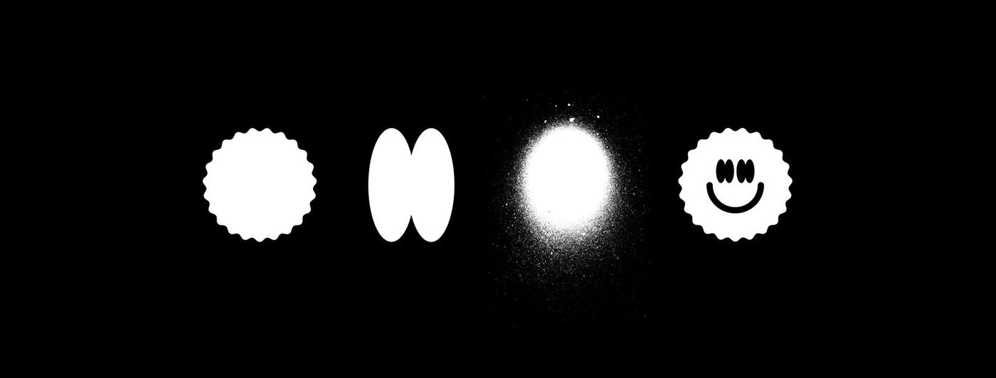 Sorbitos shapes — scalloped badge, eyes, glow and smile — on black