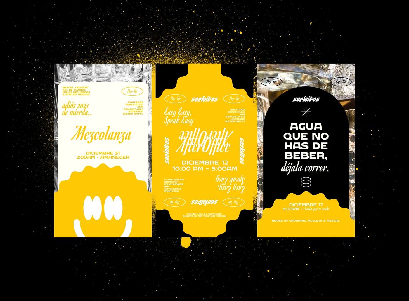 Three Sorbitos event invitations in yellow, cream and black