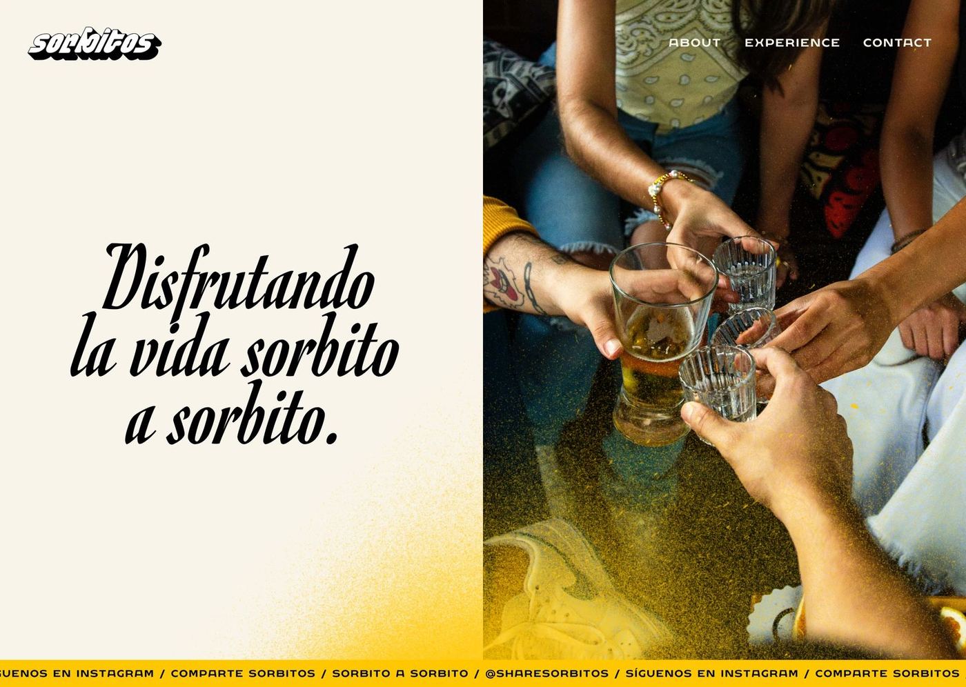 Sorbitos website landing page with friends toasting with mezcal