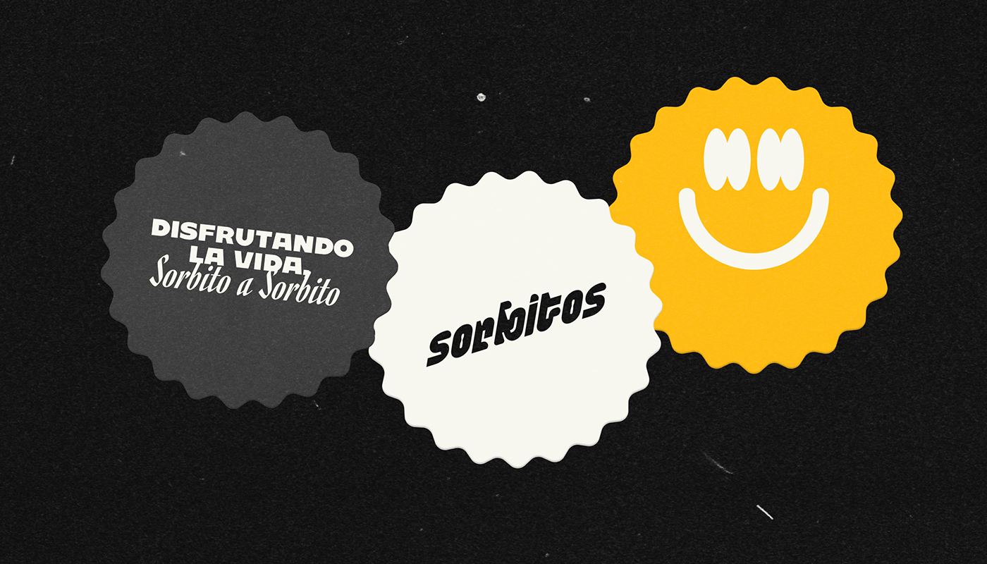 Three Sorbitos stickers: the tagline badge, the wordmark and the smile