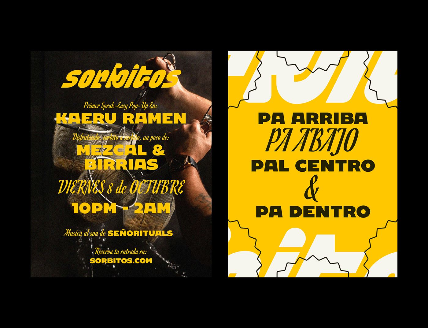 Poster for the Sorbitos speak-easy pop-up at Kaeru Ramen, beside a yellow toast poster