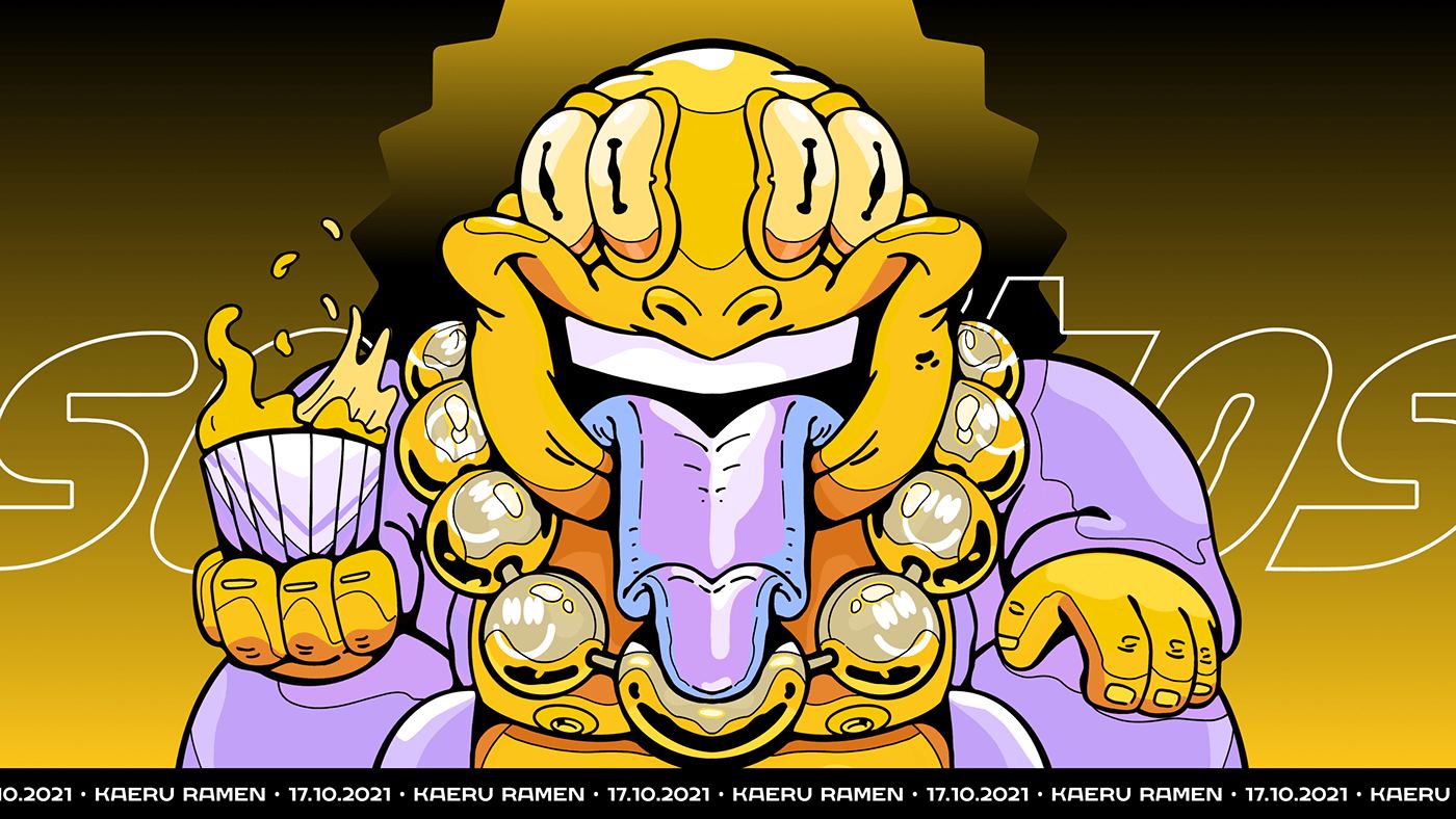 Illustrated frog character with gold chains for the Sorbitos x Kaeru Ramen night