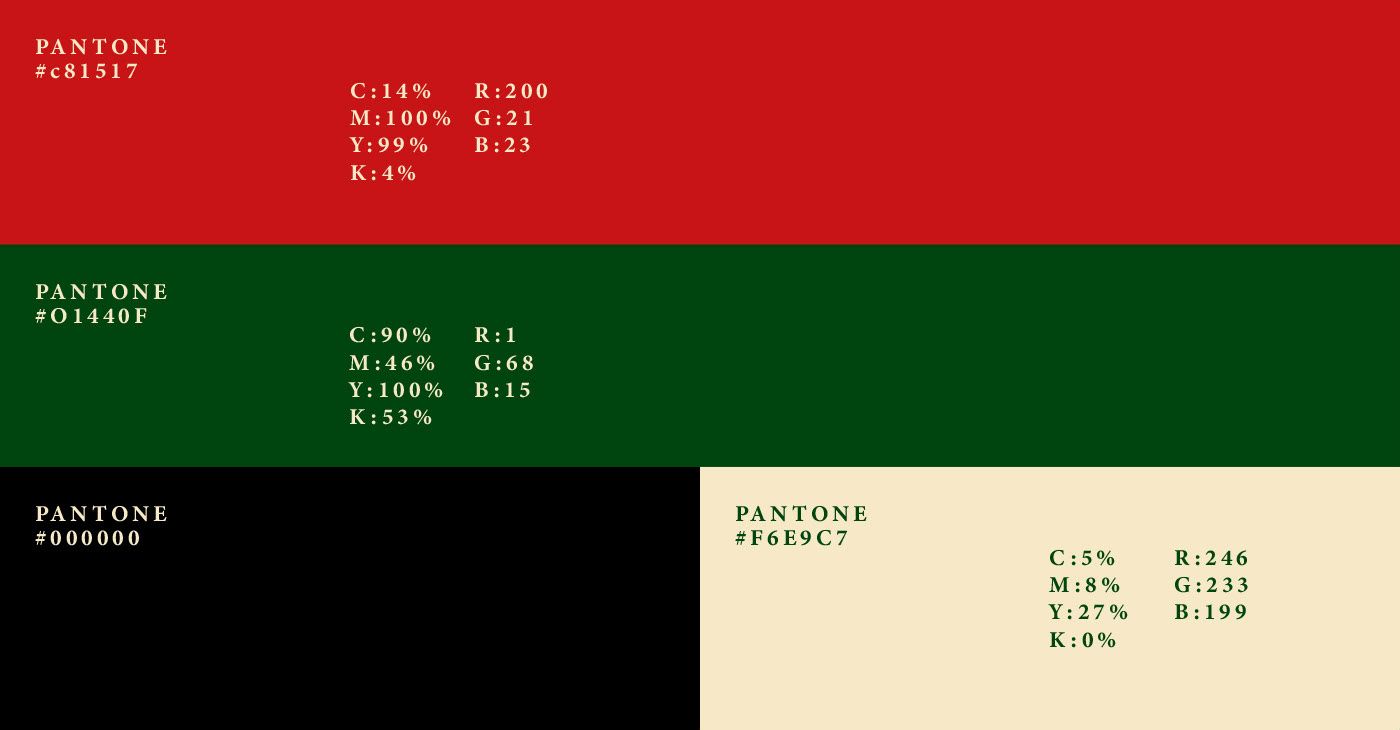 Revoluciones colour palette — red #C81517, green #01440F, black #000000, cream #F6E9C7