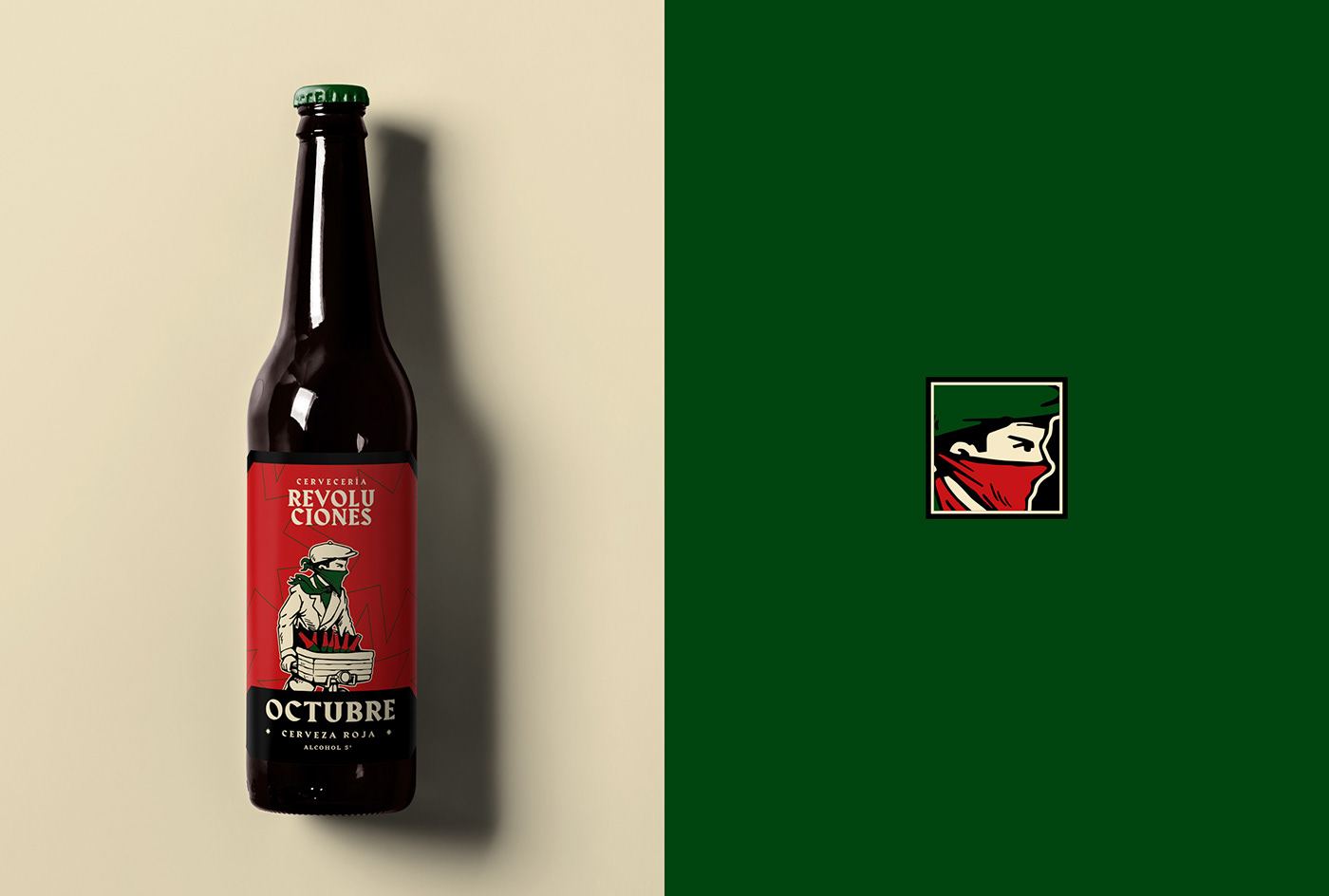 An Octubre bottle on cream beside the masked-face mark on green