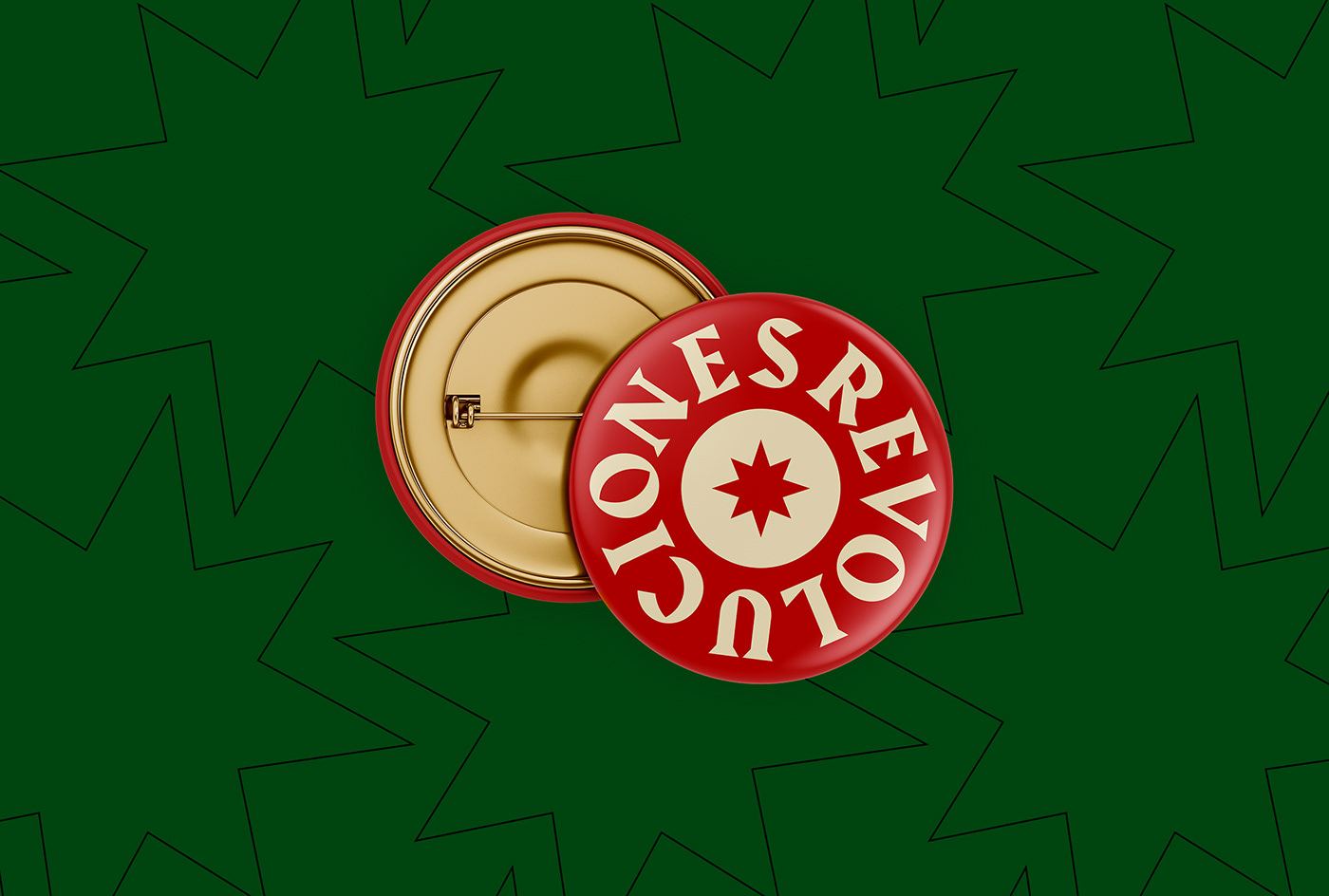 A Revoluciones pin badge, front and back, on the green star pattern