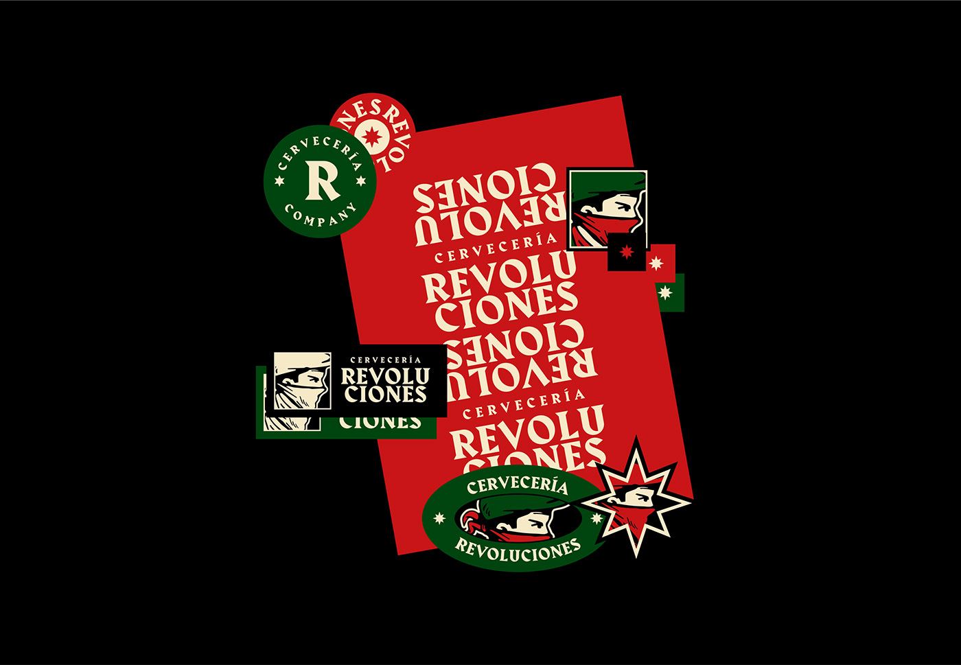 Revoluciones stickers scattered on black