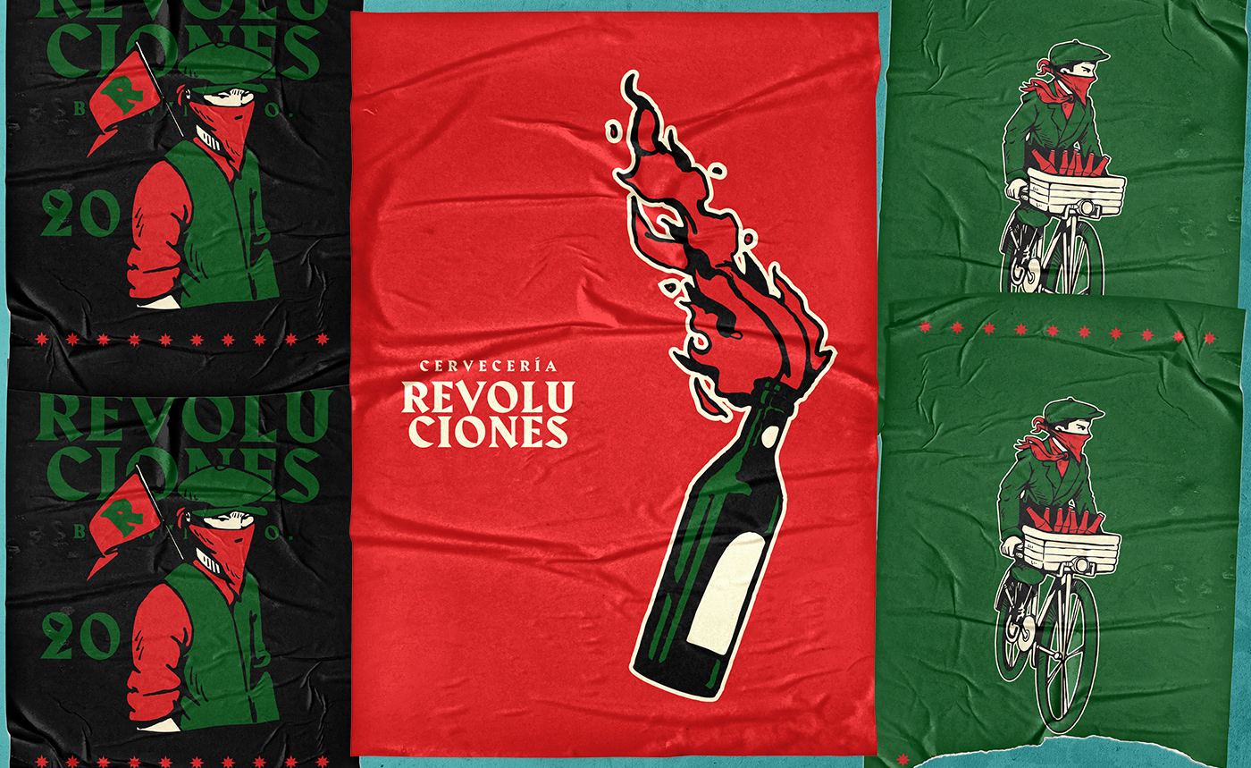Revoluciones posters pasted on a wall, with the cyclist and a bottle-flame illustration