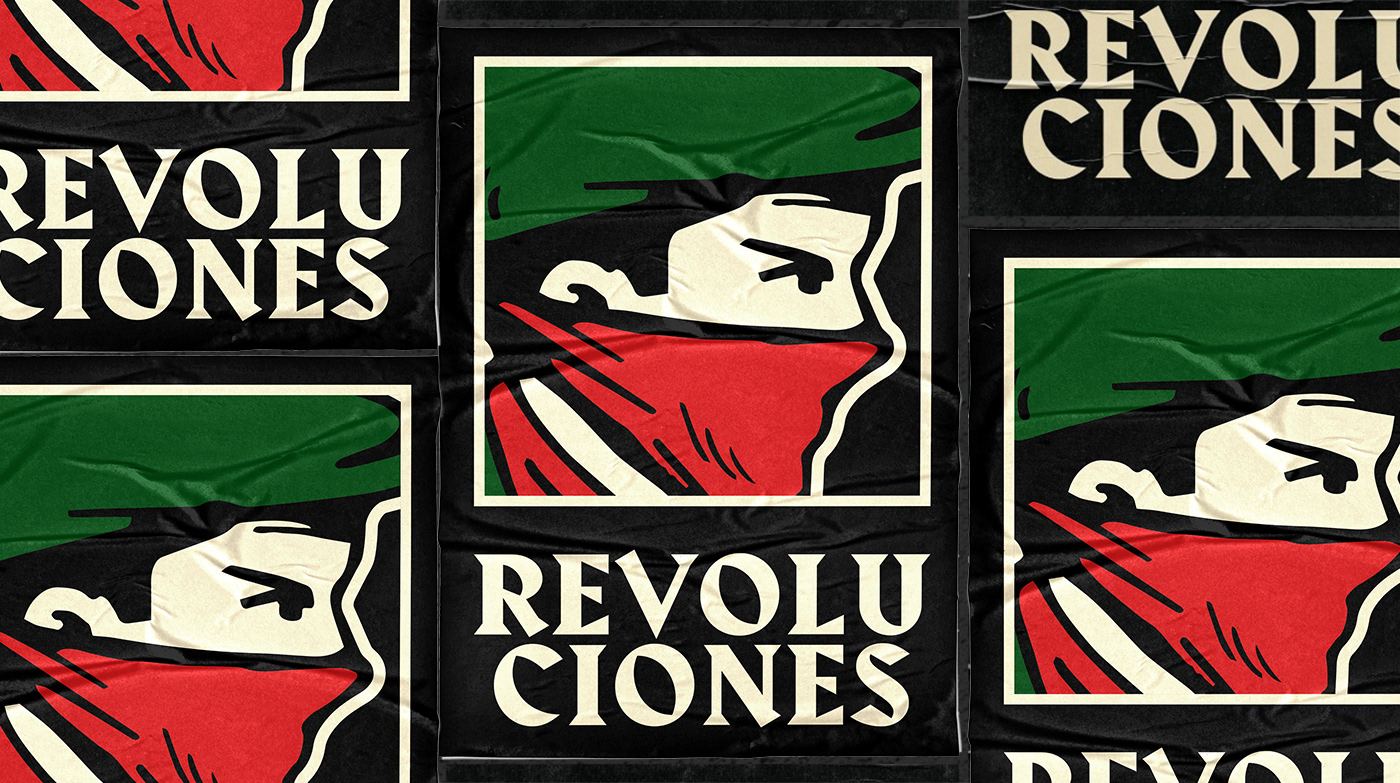 Repeating Revoluciones masked-face logo pattern