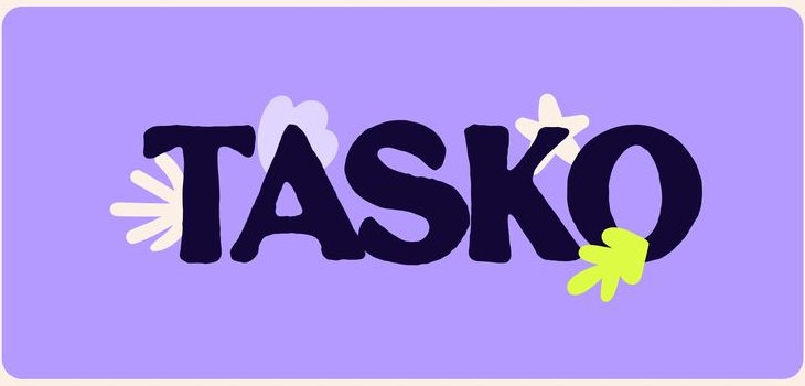 The Tasko logotype on Mid Purple