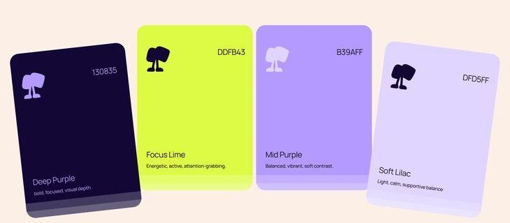 Tasko colour palette — Deep Purple, Focus Lime, Mid Purple, Soft Lilac