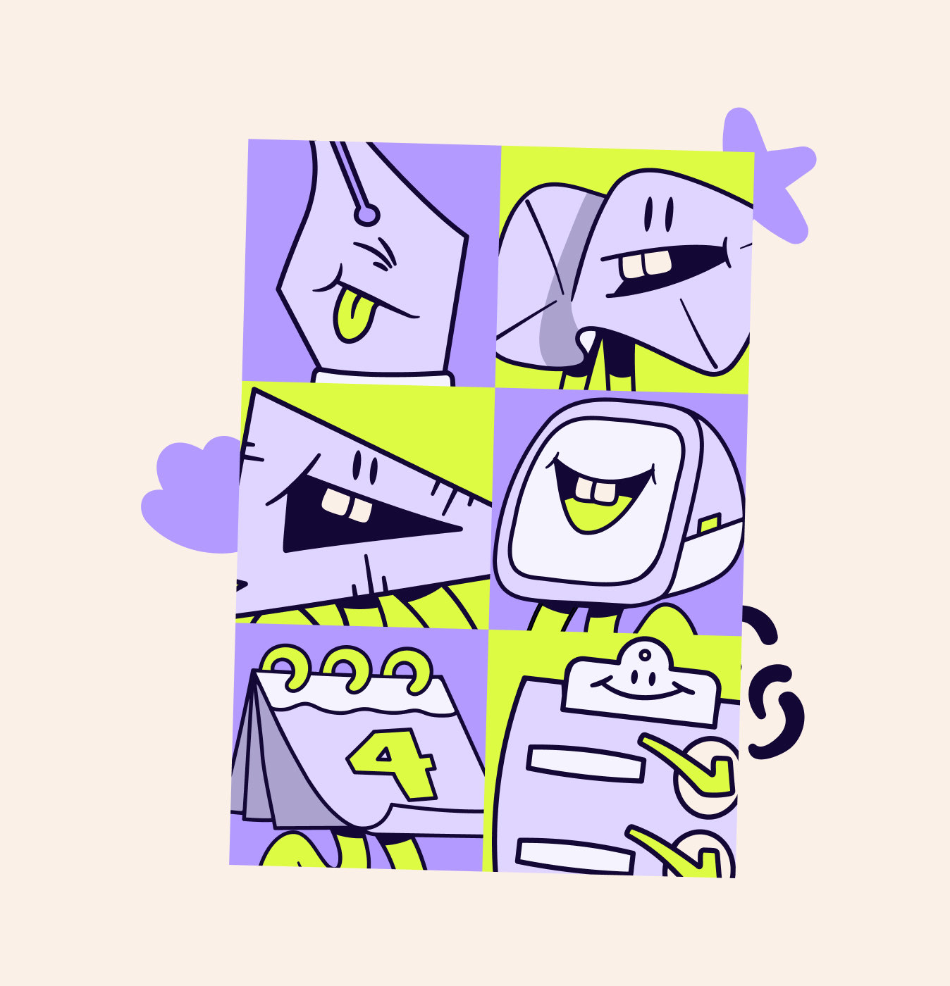 Tasko illustration grid — characters on cream