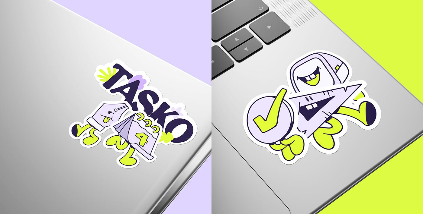 Tasko logotype and character stickers on a laptop
