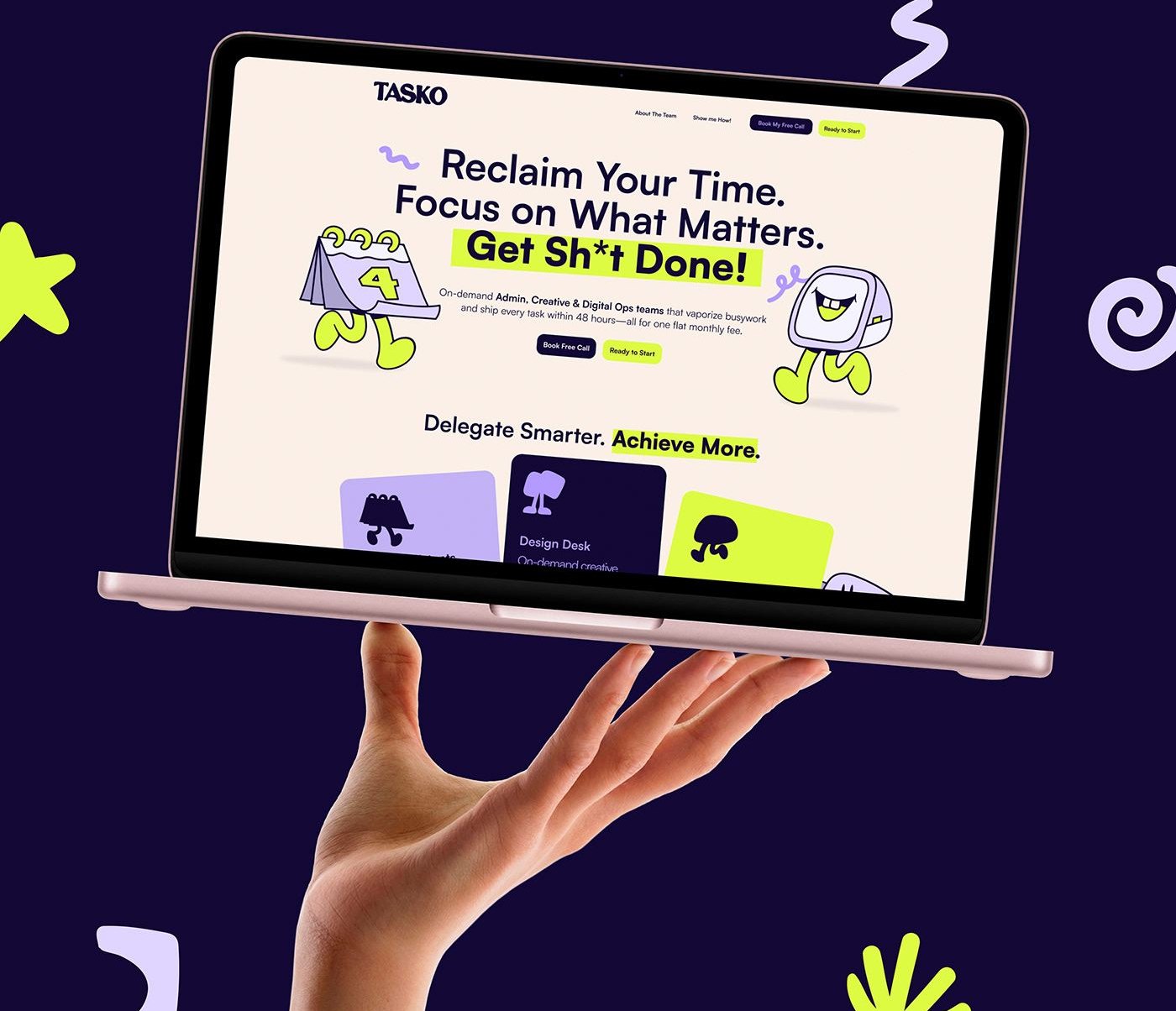 The Tasko landing page on a laptop held up on one hand