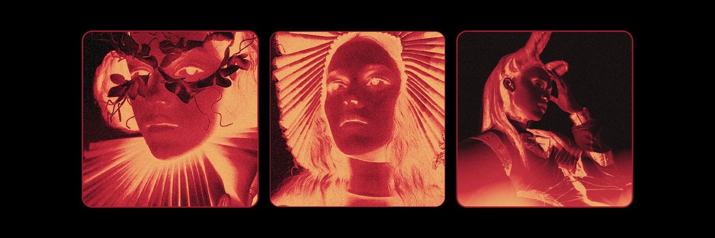 Three framed duotone portraits in red and gold