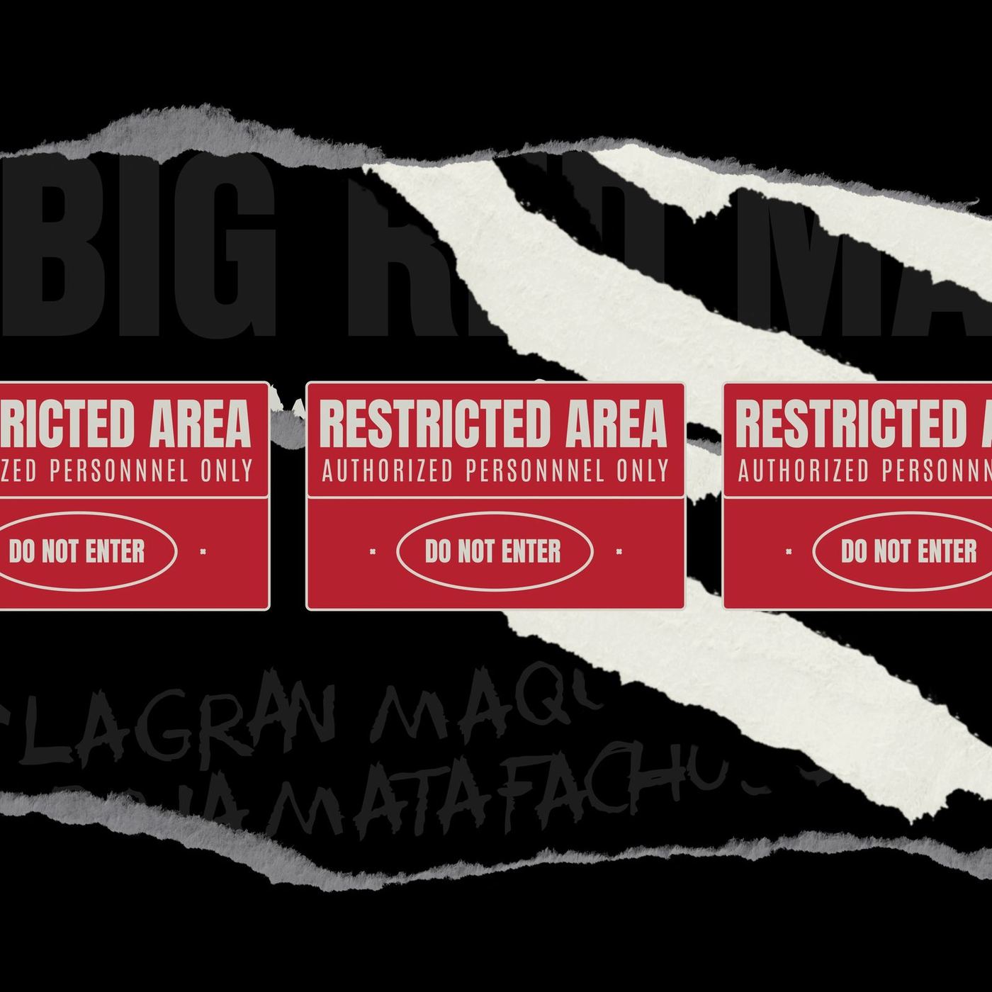 Restricted-area signage layered over the torn-paper title.