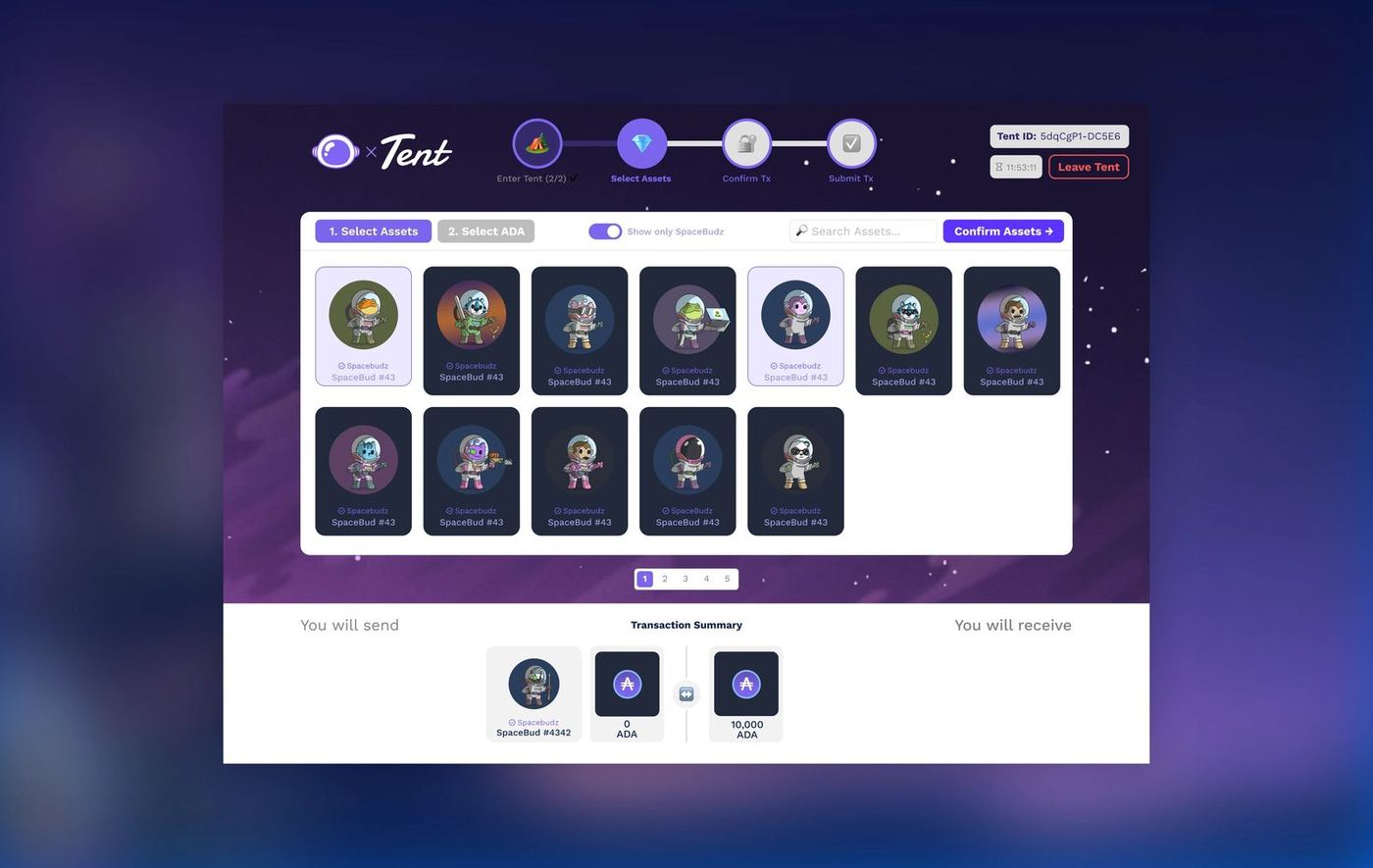 Tent trading room interface on a dark purple background