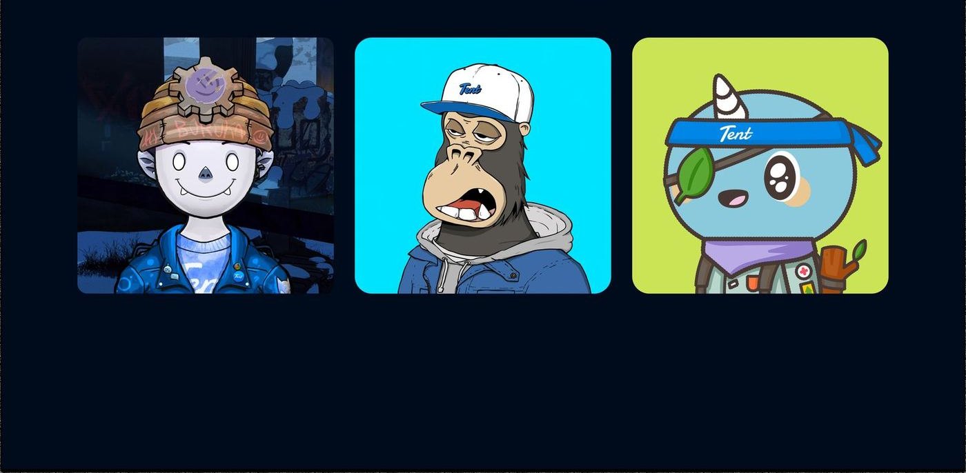 Three NFT characters wearing Tent digital merch