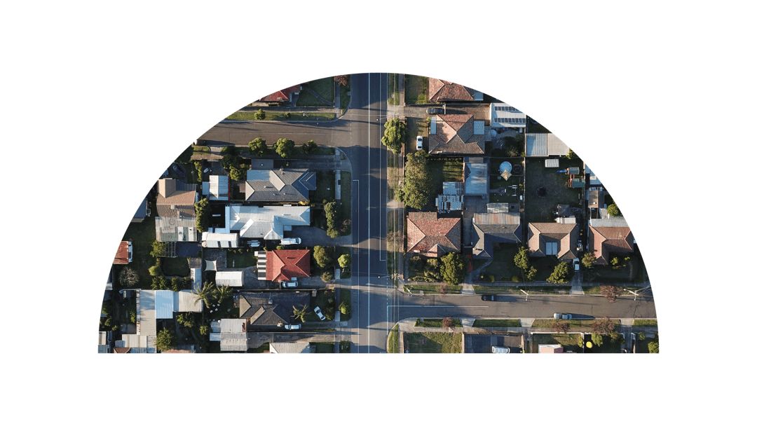 Aerial view of a neighbourhood cropped into the Topia dome