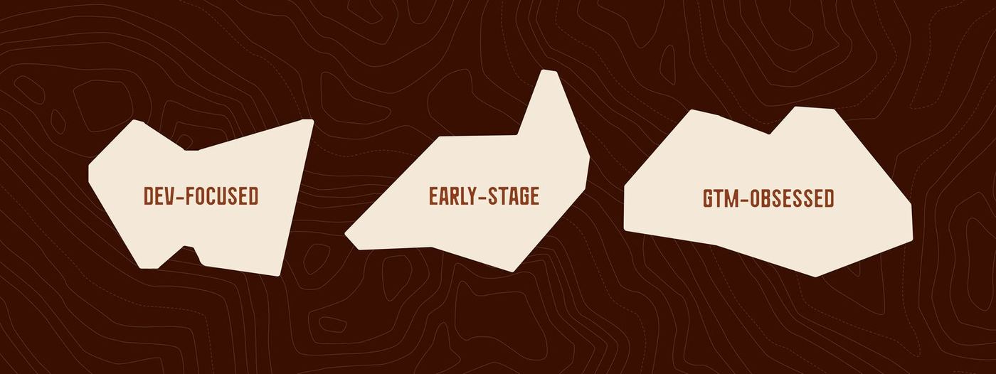 Dev-focused, early-stage, GTM-obsessed rock-shaped labels on a topographic ground