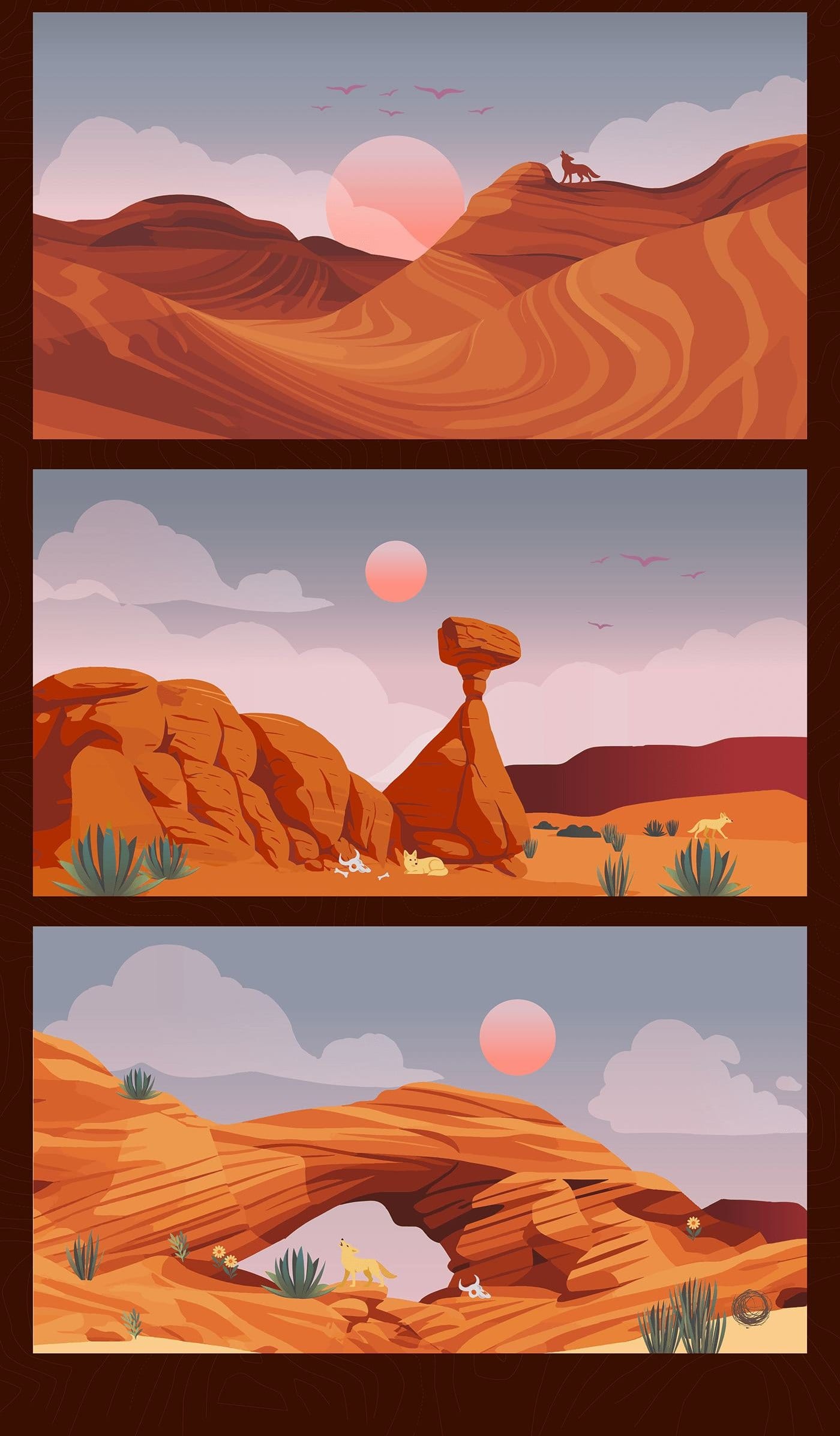 Four desert scenes: arch at dusk, canyon, mesa and night sky