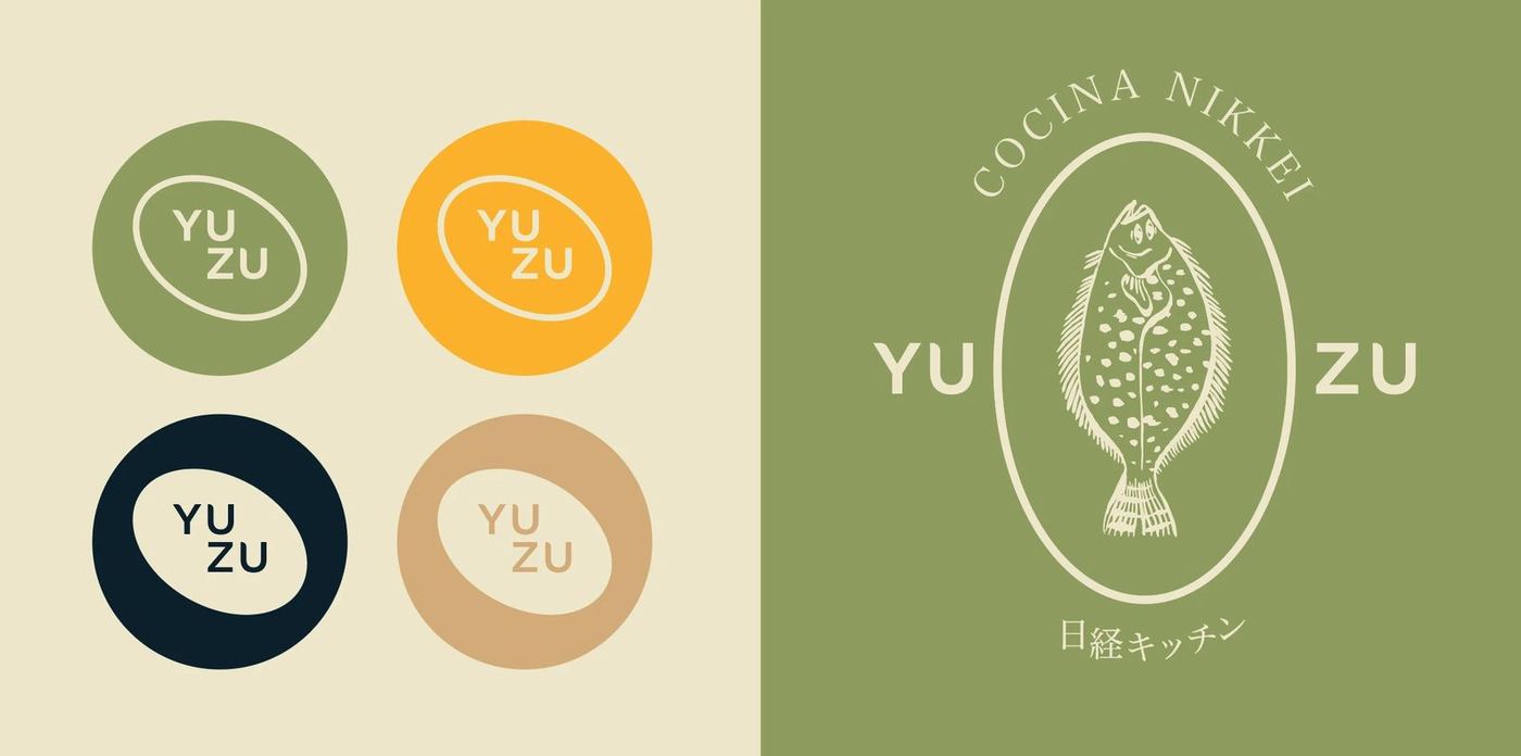 Yuzu monogram in four colourways beside the Cocina Nikkei fish emblem